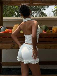 SHEIN EZwear Women's Summer Casual Frill Trim Halter Neck Tank Top & Shorts 2 Pieces Set - White - View 2