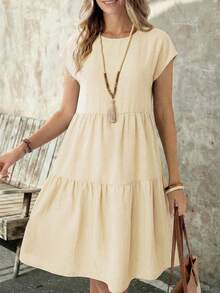 EMERY ROSE Gaun Wanita Kasual Boho Bahan Mirip Linen Putih Berpayet Lengan Pendek Leher Bulat Panjang Sedang, Musim Semi/Panas, Gaun Musim Panas untuk Liburan Wanita - Aprikot - View 5