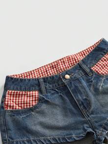 ROMWE Kawaii 复古可爱格子苹果刺绣超低腰迷你牛仔短裤 - 藍色 - 查看 4