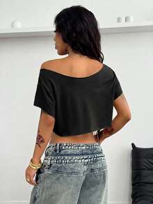 Coolane 夏季女士外出休闲街头风 Y2K 复古短袖宽松印花T恤，黑色上衣 - 黑色 - 查看 2