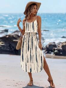 Sylviya 女士夏季亲肤扎染吊带连衣裙，配腰带和侧开衩，夏季连衣裙，春季服装，休闲 - 彩色 - 查看 4