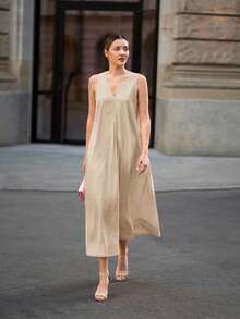 Ontre Trang phục giáo viên nữ, Ngày Quốc khánh, Thời trang sân bay nữ, Phong cách thường ngày thoải mái, Cổ chữ V, Không tay, Váy dài nữ, Váy bất đối xứng trước sau, Váy xòe, Váy xòe rộng, Trang phục xuân hè, Trang phục hàng ngày, Hàng mới về năm 2026, Váy thường ngày thoải mái, Trang phục thường ngày, Dáng rộng - Màu be - Xem 7