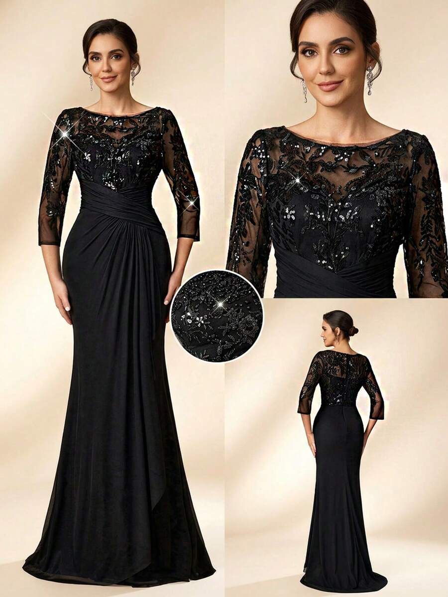 Serin 优雅奢华的珍珠亮片刺绣蕾丝贴花薄纱袖针织网纱荷叶边鱼尾连衣裙，适合婚礼、派对、节日、新娘、新娘母亲、晚礼服等场合。 - 黑色 - 查看 1