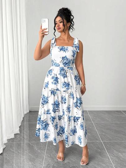 Elenzga Plus Size Women's Bowknot Ditsy Floral Dress, Countryside Fresh Artistic Sweet Elegant Vacation Romantic Dress