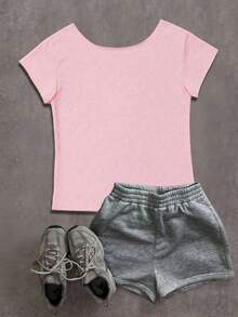 Jouncy 女士休闲字母印花不对称领短袖T恤，夏季 - 粉色 - 查看 2