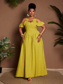 Maweii 大码纯色荷叶边露肩连衣裙 - 芥末黃 - 查看 4