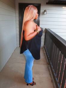 Enliva 加大码黑色不对称下摆褶皱抹胸系带荷叶边上衣，春夏款，适合苹果型和圆润身材 - 黑色 - 查看 4