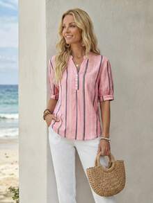 EMERY ROSE Casual Minimalist Loose Notch Neck Three-Quarter Sleeve Women's Blouse Suitable For Summer Going Out Top Cute Summer Top - Pink - View 4