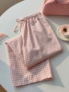 Comfortcana Women's Belted Plaid Wide Leg Loose Casual Pants - Pink - View 5