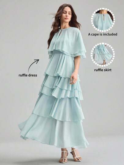 Ontre Women's Light Blue Soft Chiffon Fabric 2 In 1 Design Round Neck Cape With Layered Ruffle Hem And Asymmetric Edges, Flowing Silhouette, Flattering Fit, Modern Urban Romantic Fashion, Elegant Mature Style, Suitable For Cruise, Wedding Guest, Business Casual, Minimalist Middle Eastern Inspired, Campus Style High-End, Elegant, Old-Fashioned Cruise Attire For Wedding Guests Elegant And Classy Ruffle Maxi Dress Tiered Dress Aqua Dress Layered Dress Mint Green Elegant Dress Women Ruffle Dress Reception
