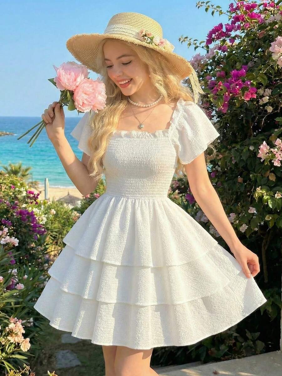 SHEIN Teen Girl Casual Vacation White Textured Square Neck Cap Sleeve Layered Ruffle Hem A-Line Dress - White - View 1