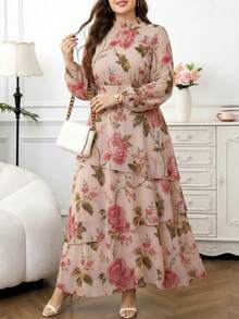 Reflora 大码女式印花立领优雅收腰派对连衣裙 - 粉色 - 查看 7