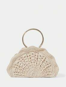 SHECARRY Bolso de mano de mujer tejido de moda, bolso de mano en forma de abanico hueco en beige - Beis - Ver 3