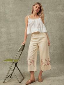 WESTFADE Women's 100 Cotton Pastal Floral Embroidered High-Rise Wide Leg Cropped Pant Scalloped Relaxed Boho Girlisim Western Wear For Autumn Vacation Golf - Apricot - View 1