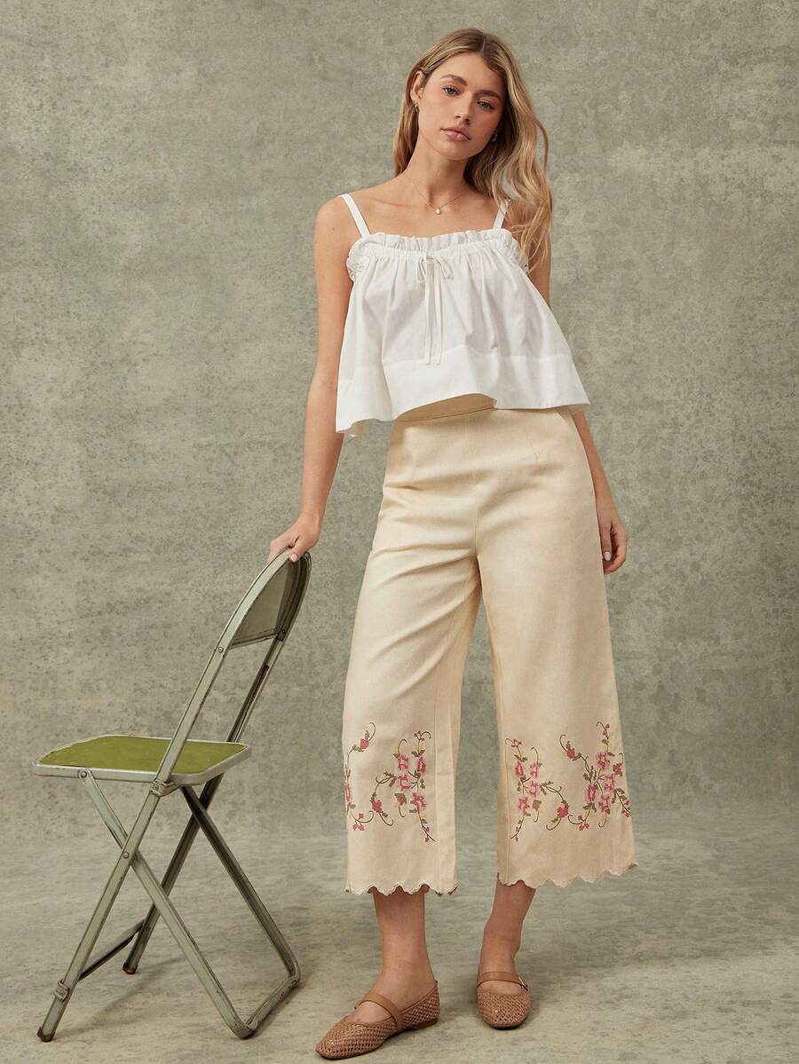 WESTFADE Women's 100 Cotton Pastal Floral Embroidered High-Rise Wide Leg Cropped Pant Scalloped Relaxed Boho Girlisim Western Wear For Autumn Vacation Golf - Apricot - View 1