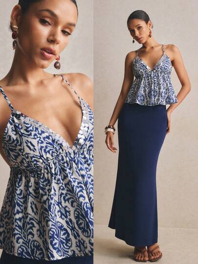 Poéselle Women's Plant Pattern Ruffle Hem Camisole And Fish Tail Midi Skirt Set