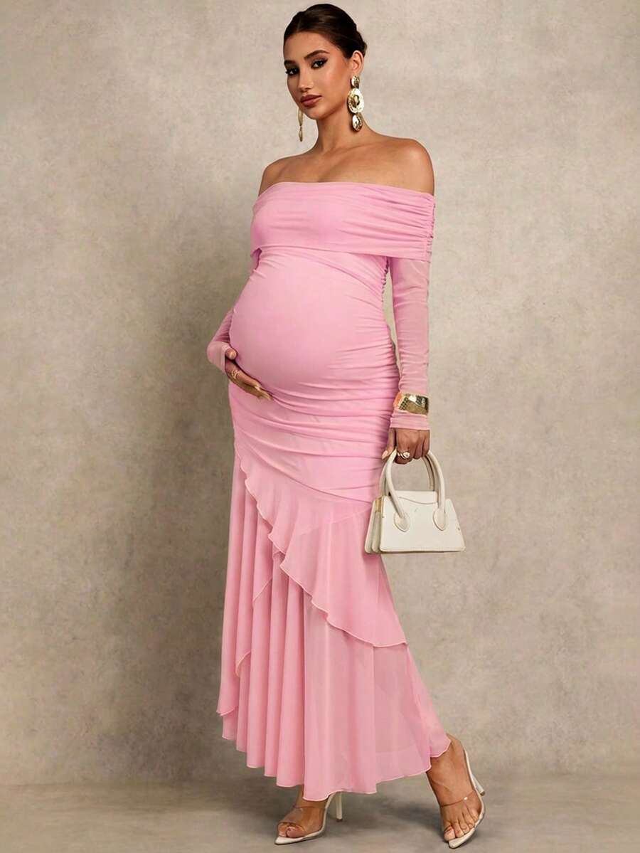 MaterniChic Elegant Solid Color Off-Shoulder Long Sleeve Maternity Dress - Baby Pink - View 1