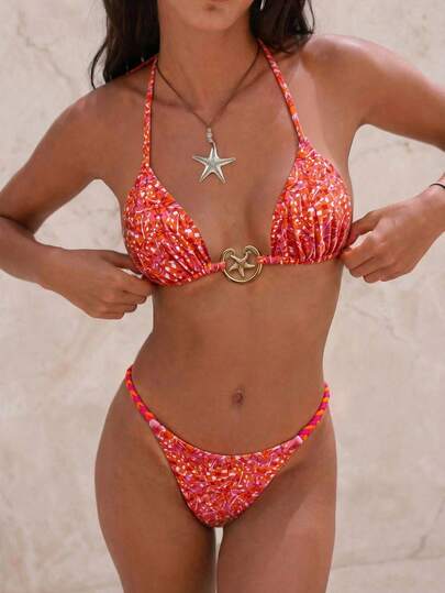 Swim Vcay Women's Random Print Necklace Metal Jewelry Bikini Set, Spring/Summer