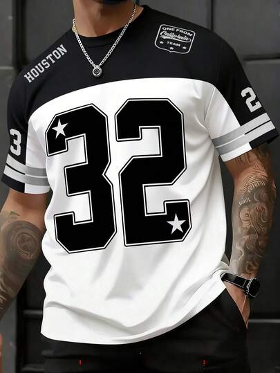 Manfinity Dauomo Camiseta de manga corta para hombres de talla grande, estilo callejero con números y letras en blanco y negro, estilo personalizado para compras y salidas, y estilo versátil para primavera y verano