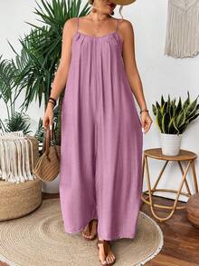SHEIN Clasi Bộ áo liền quần ống đứng màu xanh nhạt, xếp ly phía trước. - Hồng - Xem 7