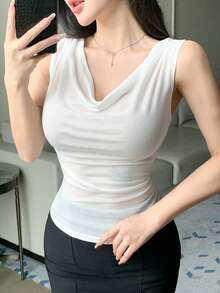 DAZY Áo thun nữ mùa hè, chất liệu hơi mỏng, ôm sát, cổ tròn, kiểu dáng thường ngày. - trắng - Xem 6