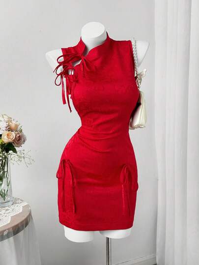 Sweetra Women's Red Cheongsam Party Dress, New Arrival Chinese Style Jacquard Texture Fabric, Fitted Mini Dress. Suitable For New Year's Eve, Chinese New Year And Valentine's Day