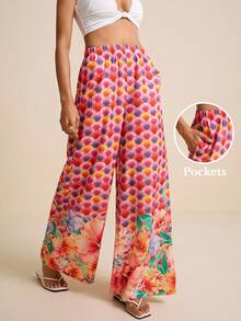 LOTSLUV Women's Fuchsia Ombre Tropical Floral Print Pants, Vacation Style, Spring/Summer - Hot Pink - View 4