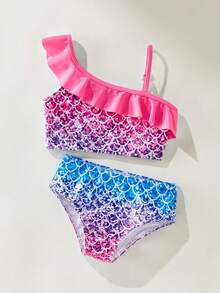 Maija Kids Maija Kids 两件套少女优雅可爱渐变美人鱼鳞片荷叶边挂脖比基尼泳衣套装，适合海滩、泳池、度假、春夏季节穿着。 - 彩色 - 查看 2