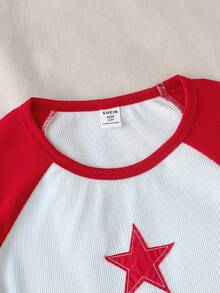 SHEIN Tween Girl Casual Minimalist Comfortable Crew Neck Patchwork Contrast Color Star Pattern T-Shirt Tween Girl - Red and White - View 3