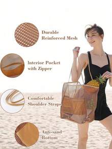 Lumivelle Large Capacity Beach Travel Bag | Women's Shoulder Bag, Women's Tote Bag, Beach Mesh Tote Bag, Women's Foldable Shoulder Bag, Travel Bag Beach Nylon Mesh Tote Bag, Casual Tote Bag Hobo Women's Foldable Shoulder Bag , Beach Bag , Office - Khaki - View 7