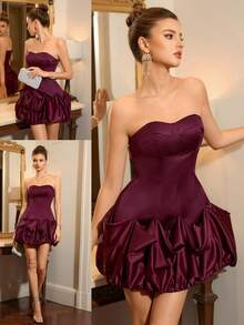 Poshira Vestido de cóctel con volantes en el bajo, diseño de patchwork, satén elástico para mujer - Morado oscuro - Ver 3