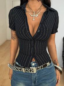 Coolane Black Striped Print Button Front Casual Woven Women's Short Sleeve Shirt - Black - View 3