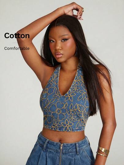 NYA SZN Denim Halter Floral Embroidery Top Summer Vacation Easter Club Day Brunch Casual Everyday Going Out Party Special Occasion Travel Vacation Office Siren Western Country Date Night Elegant Luxury Business Casual Event Everyday Wedding Brunch Office Gyaru Street Style Spring Summer Statement Carnival Bridal Shower Outfits For Women