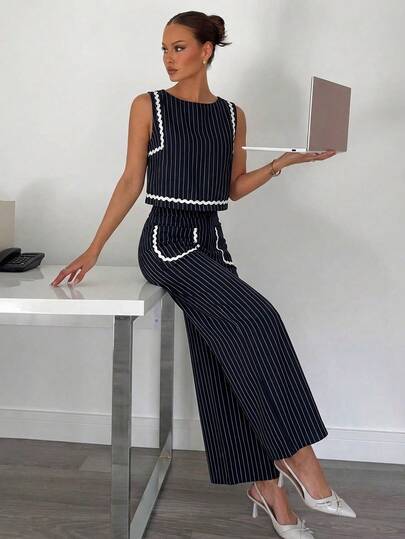 Siren Gaze Bộ đồ hè 2 món dành cho nữ, áo kiểu phối viền tương phản và quần ống rộng màu trơn, thích hợp mặc hàng ngày hoặc đi làm.