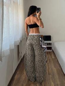 StreetHx Quần jeans ống rộng cạp thấp xếp ly phong cách đường phố thường ngày, họa tiết rằn ri. - Màu Khaki - Xem 2