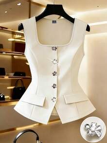 GlowEve 女士时尚针织方领开襟口袋无袖优雅浪漫休闲日常约会通勤晚宴度假春夏背心 - 杏色 - 查看 1