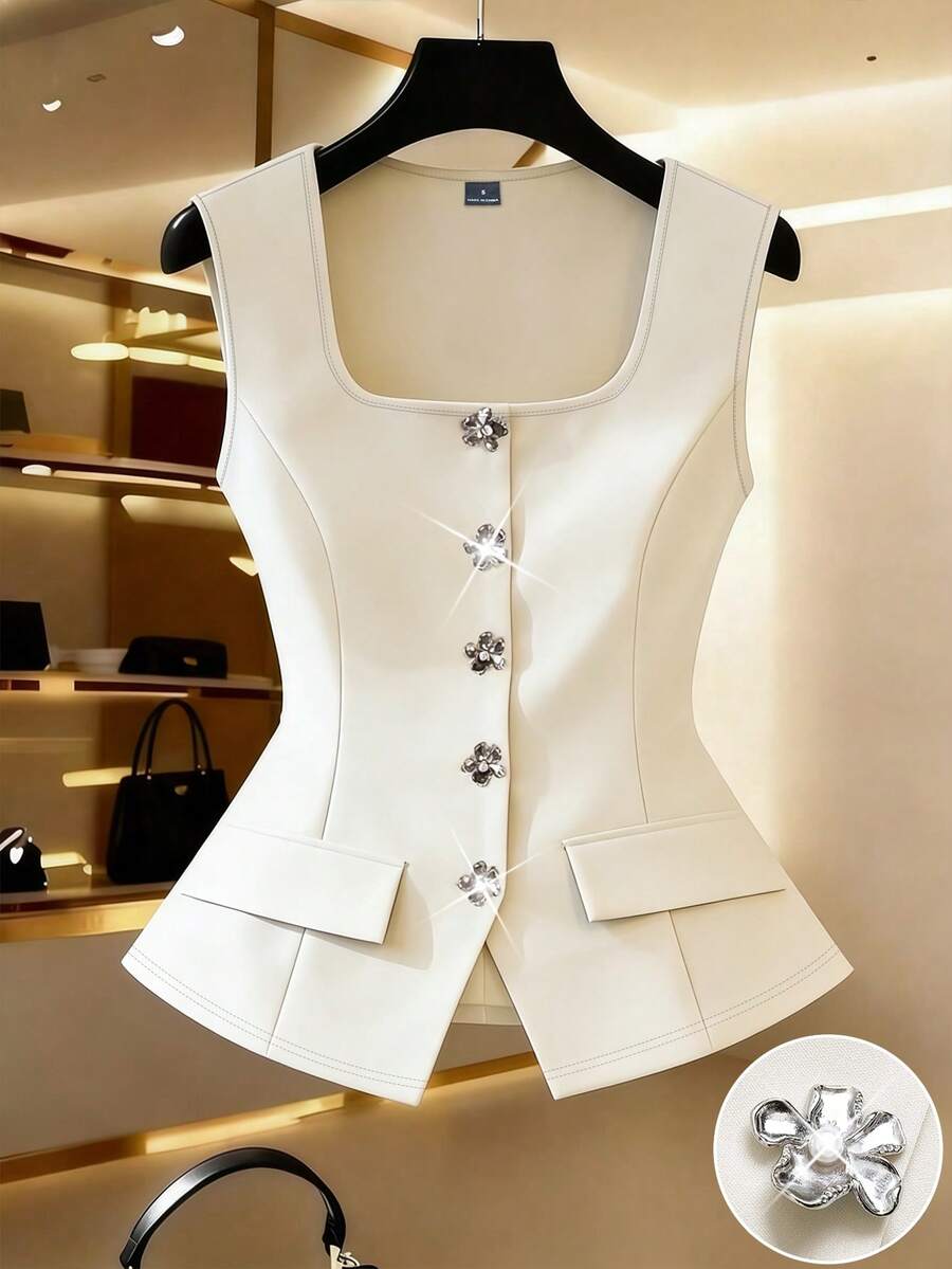 GlowEve 女士时尚针织方领开襟口袋无袖优雅浪漫休闲日常约会通勤晚宴度假春夏背心 - 杏色 - 查看 1