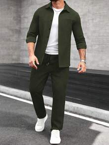 Manfinity CasualCool Men's Long Sleeve Shirt Collar Button-Up Shirt And Pants Set, Autumn/Winter - Army Green - View 6