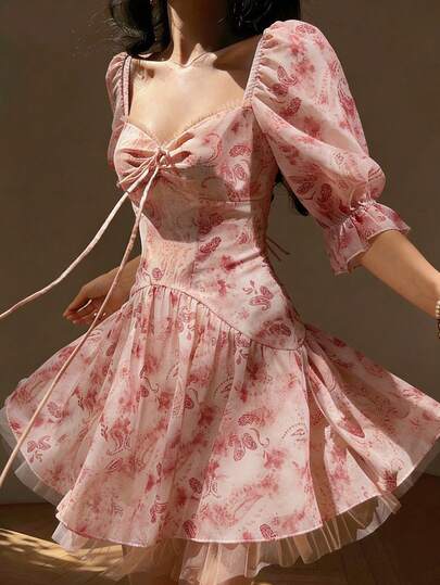 Rafferiza 女士夏季法式优雅浪漫甜美设计透视网纱拼接方领花瓣袖收腰短款粉色雪纺印花休闲连衣裙