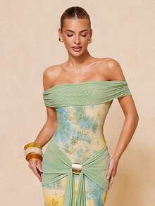Lumalex Vestido de sirena elegante y sexy para vacaciones con diseño ajustado de cintura, hombros descubiertos y decoración de hebilla metálica, primavera/verano - Multicolor - Ver 14