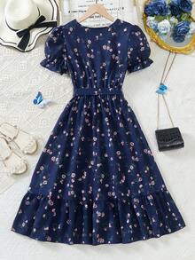 少女度假海滩乡村热带夏季树叶碎花方领花瓣袖系带连衣裙 - 藏蓝色 - 查看 2