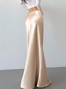 SHEIN Tall 情人节新款优雅浪漫复古精致长款美人鱼裙，高腰设计，金色缎面面料，春夏仙气十足，适合毕业典礼、教师节、返校季等场合穿着。 - 淺粉色 - 查看 2