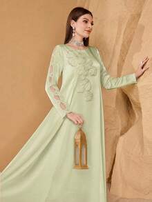 SHEIN Najma 优雅花卉装饰拼接薄纱袖女士长袖奢华连衣裙 - 薄荷綠 - 查看 1