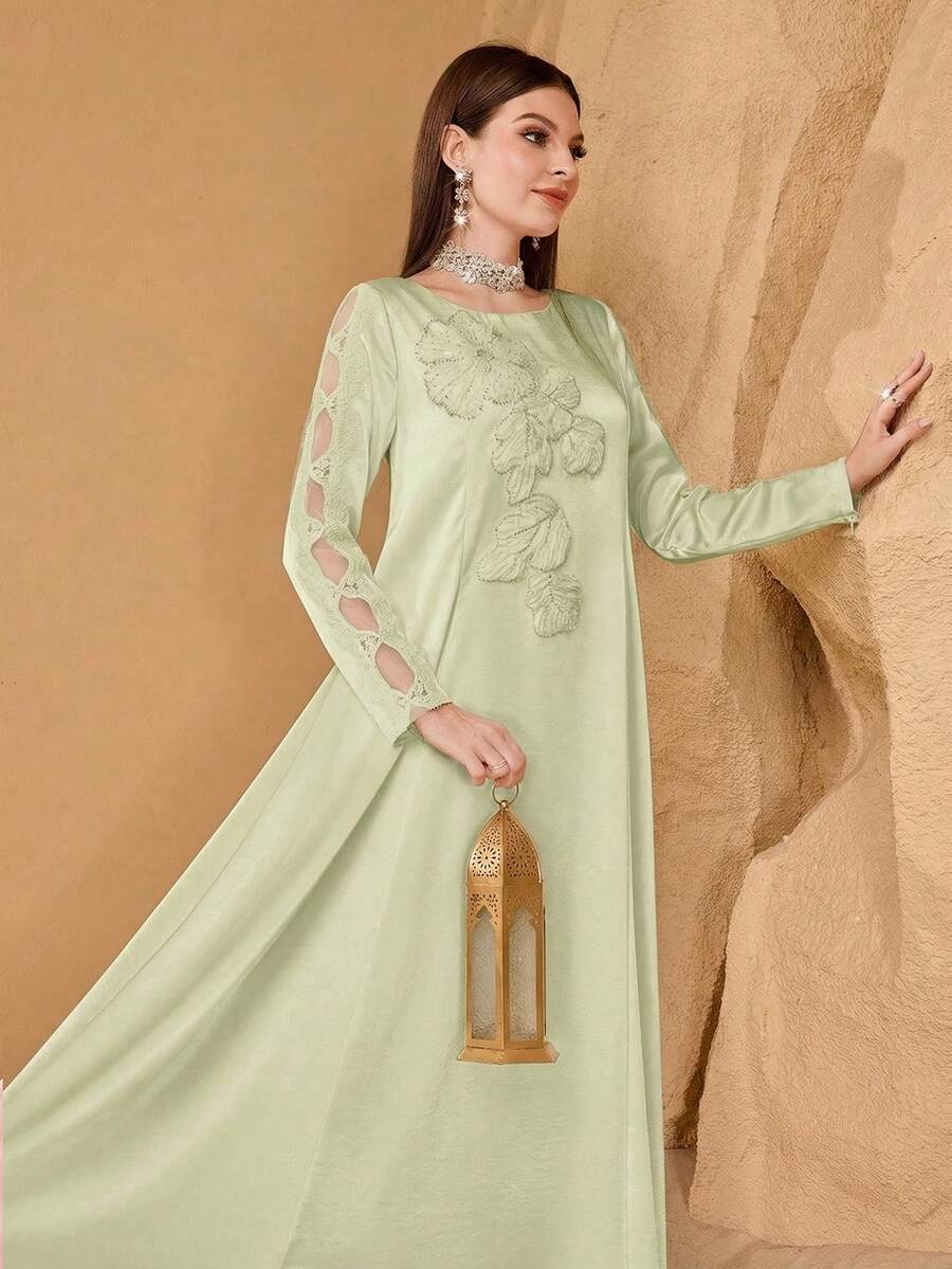 SHEIN Najma 优雅花卉装饰拼接薄纱袖女士长袖奢华连衣裙 - 薄荷綠 - 查看 1