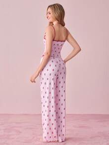 Bonmuse 2pcs Contrast Trim Camisole & Bowknot Cherry Print Women Knit Pajama Set - Multicolor - View 2
