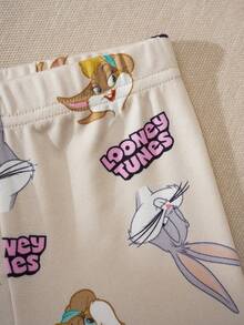 LOONEY TUNES X SHEIN Baby Girl Summer Casual Contrast Trim Rabbit Print Short Sleeve T-Shirt And Pants Pajama Set - Pink - View 5