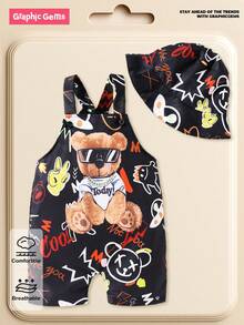 SHEIN Playful Pals Baby Boy's Street-Style One-Piece Shorts With Accessories Like Hats.Outfit Toddler Infant Outfits Unisex Romper Summer - Black - View 9