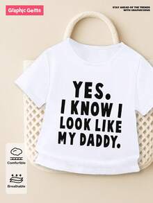 SHEIN 男童休闲时尚舒适简约字母标语印花短袖圆领T恤，夏季 - 白色 - 查看 4