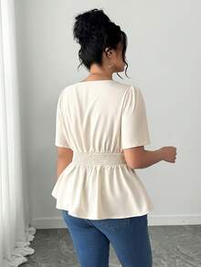 Elenzga 大码女式纯色褶皱不对称下摆休闲百搭日常上衣 - 杏色 - 查看 2