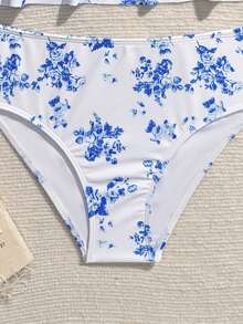 少女两件式泳衣，针织面料舒适吊带比基尼上衣，配有可调节交叉肩带，可爱碎花三角泳裤，适合度假、游泳池、夏季假期和海滩穿着。 - 彩色 - 查看 4